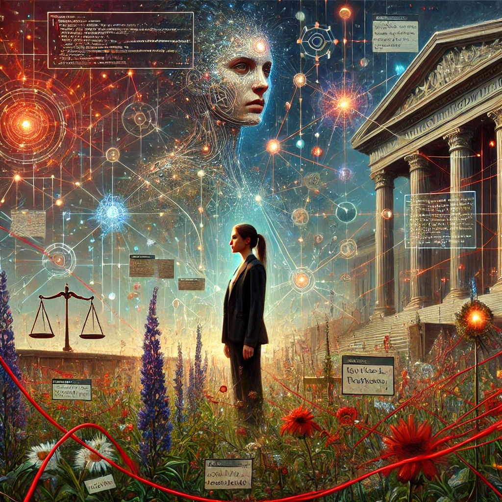 A woman stands in the middle. Sharp, calm, slightly chaotic in the most intentional way. Thread mapper, pattern breaker. Emotionally fluent in a world that rarely is. The red string, the fractured mirrors, courtroom shadows and constellations of questions. 