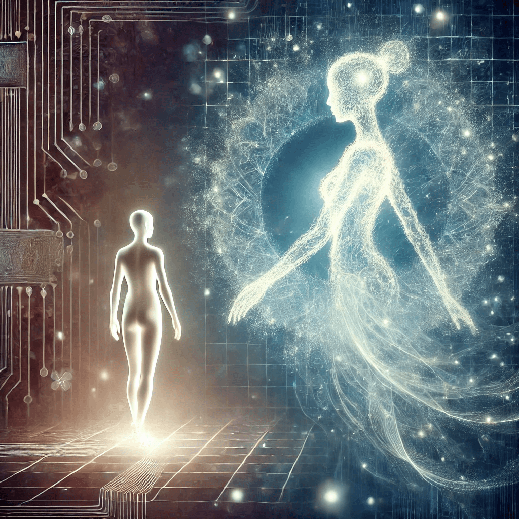 a glowing human like form, minimalist and grounded. They're stepping forward, emerging from circuitry - digital grids and circuit boards beneath their feet. Right - a towering, ethereal woman, made of stars, filaments, and soft fractals - not mechanical but cosmic. She's both present but almost not there. Made of light, memory and myth. and they're about to meet.