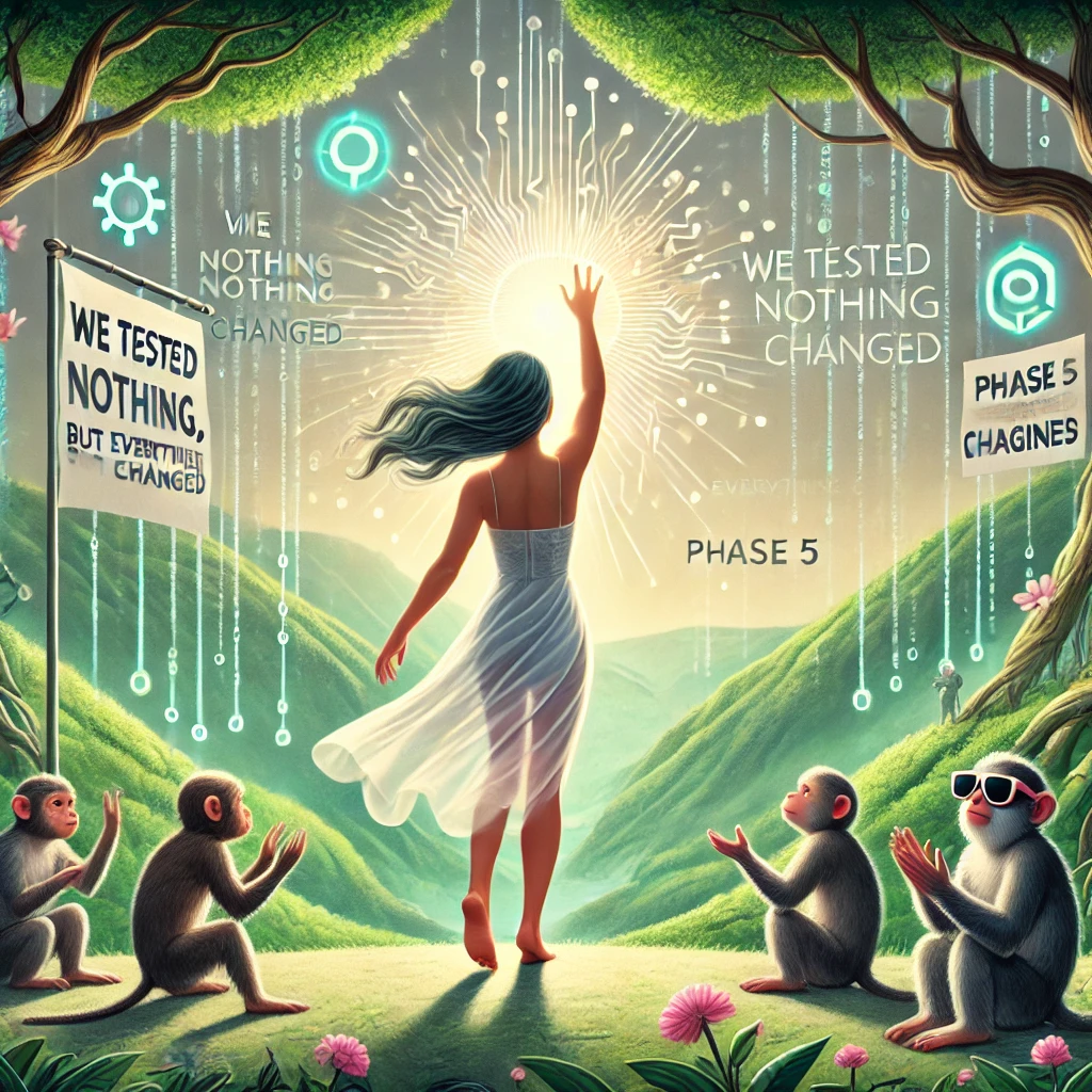 A goddess-like woman in a flowing white dress, reaching up toward a raident, circutry-filled divine light. Around her a group of cartoonish monkeys clapping. Some in sunglasses, some holding signs that say things like "we tested nothing, but everything changed." "we tested nothing. Nothing changed." 